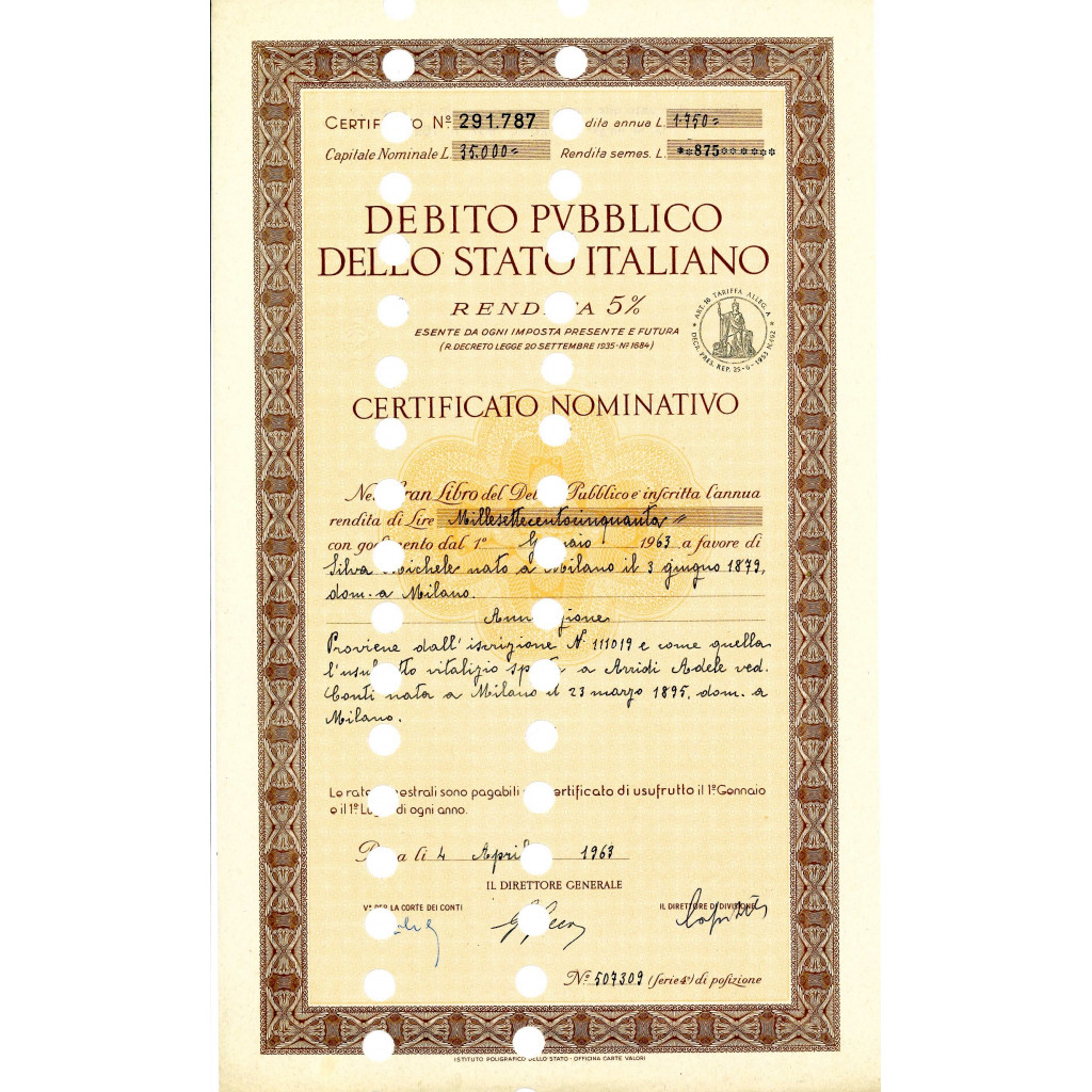 1963 - CERT. NOMINATIVO 5% - DEB. REGNO D'ITALIA