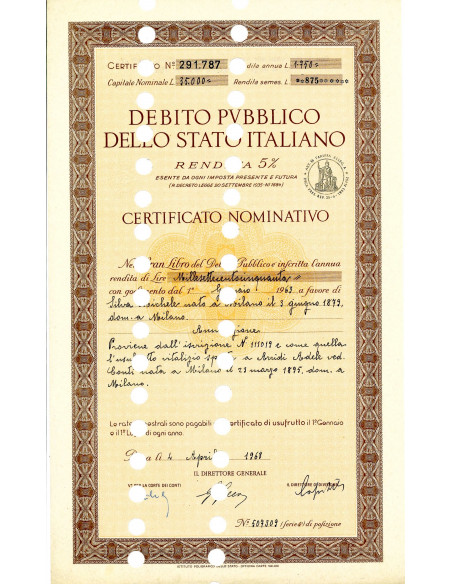 1963 - CERT. NOMINATIVO 5% - DEB. REGNO D'ITALIA