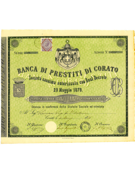 1881 - BANCA DI PRESTITI DI CORATO - 1 AZIONE NOMINATIVA - LIRE 50 STEMMA SABAUDO (colore verde)