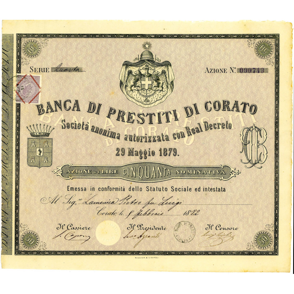 1882 - BANCA DI PRESTITI DI CORATO - 1 AZIONE NOMINATIVA - LIRE 50 STEMMA SABAUDO (colore rosa)