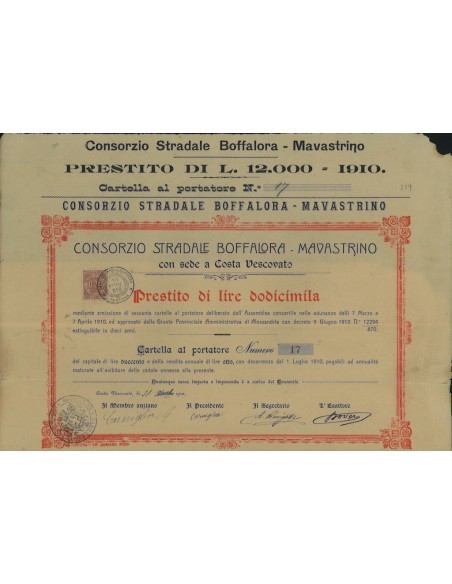 CONSORZIO STRADALE BOFFALORA-MAVASTRINO CARTELLA AL PORTATORE COSTA VESCOVATO 1910