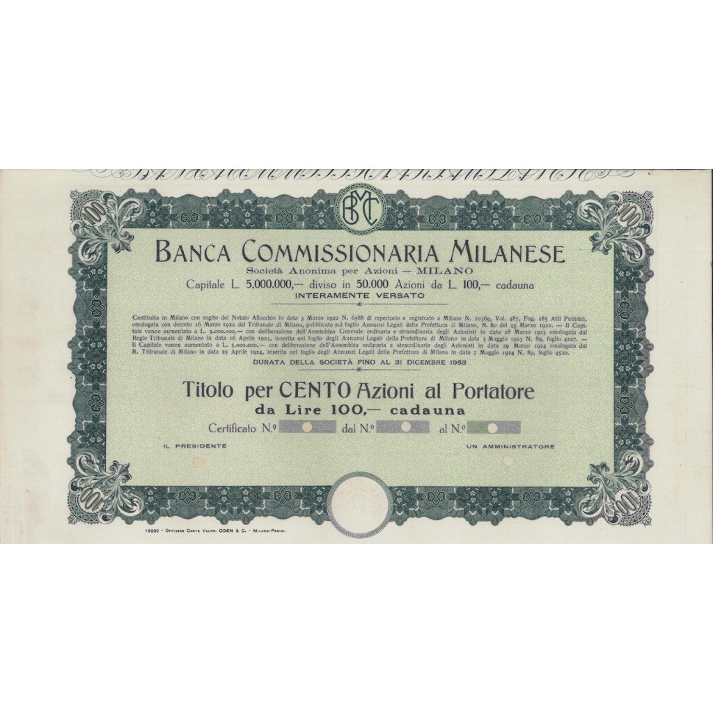BANCA COMMISSIONARIA MILANESE - 100 AZIONI MILANO 1922