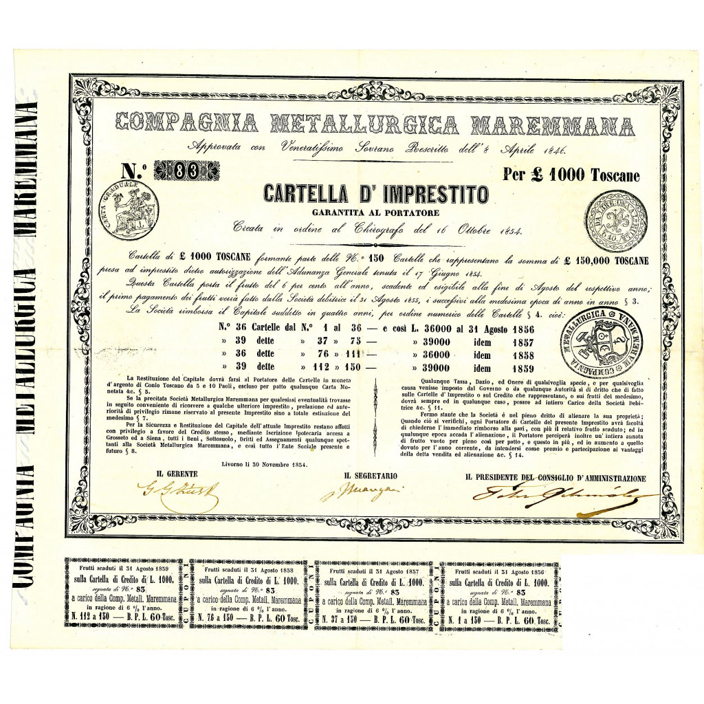 1854 - COMPAGNIA METALLURGICA MAREMMANA CARTELLA D' IMPRESTITO LIVORNO
