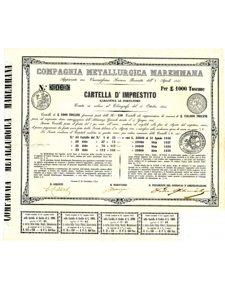 1854 - COMPAGNIA METALLURGICA MAREMMANA CARTELLA D' IMPRESTITO LIVORNO