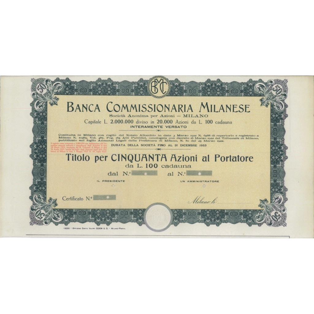 BANCA COMMISSIONARIA MILANESE - 50 AZIONI MILANO 1922