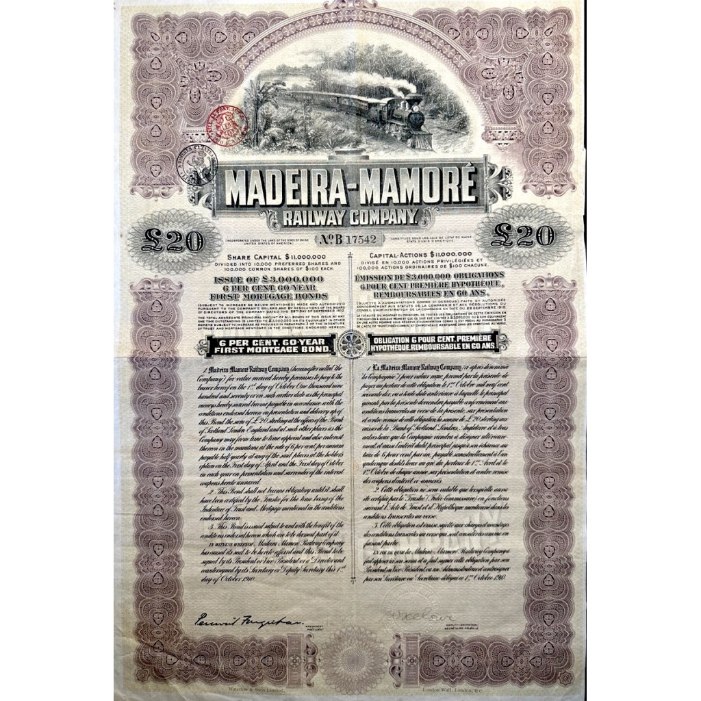 1910 - MADEIRA - MAMORE' RAILWAY COMPANY £ 20