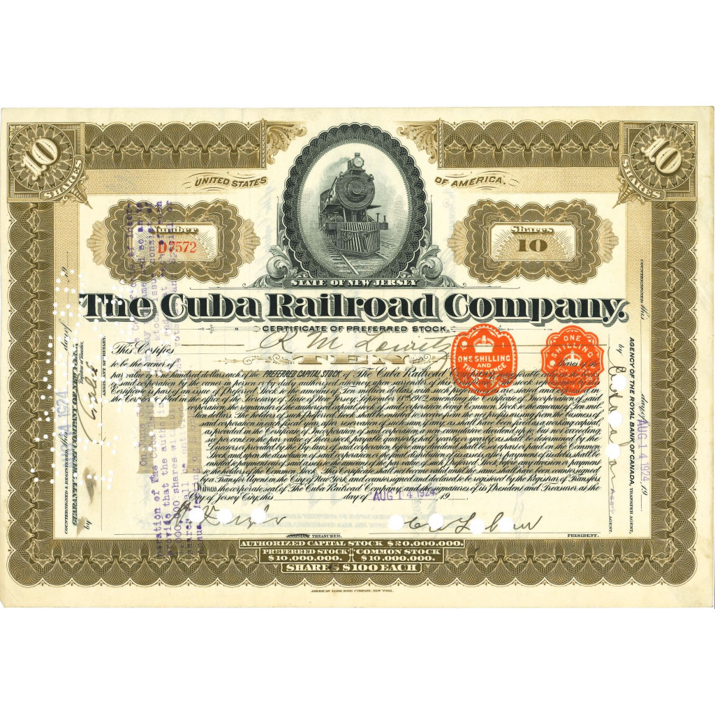 1924 - THE CUBA RAILROAD COMPANY - 10 AZIONI