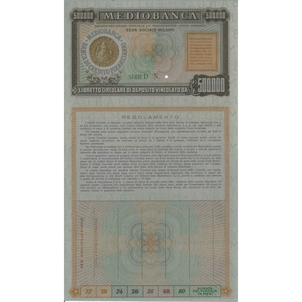 MEDIOBANCA SPA - LIBRETTO DA 500000 LIRE