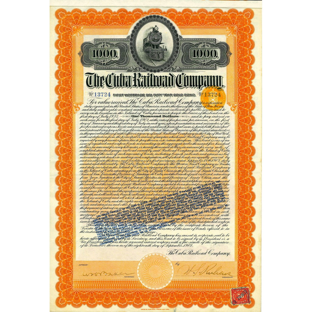 1902 - THE CUBA RAILROAD COMPANY - $1.000 BOND 5%