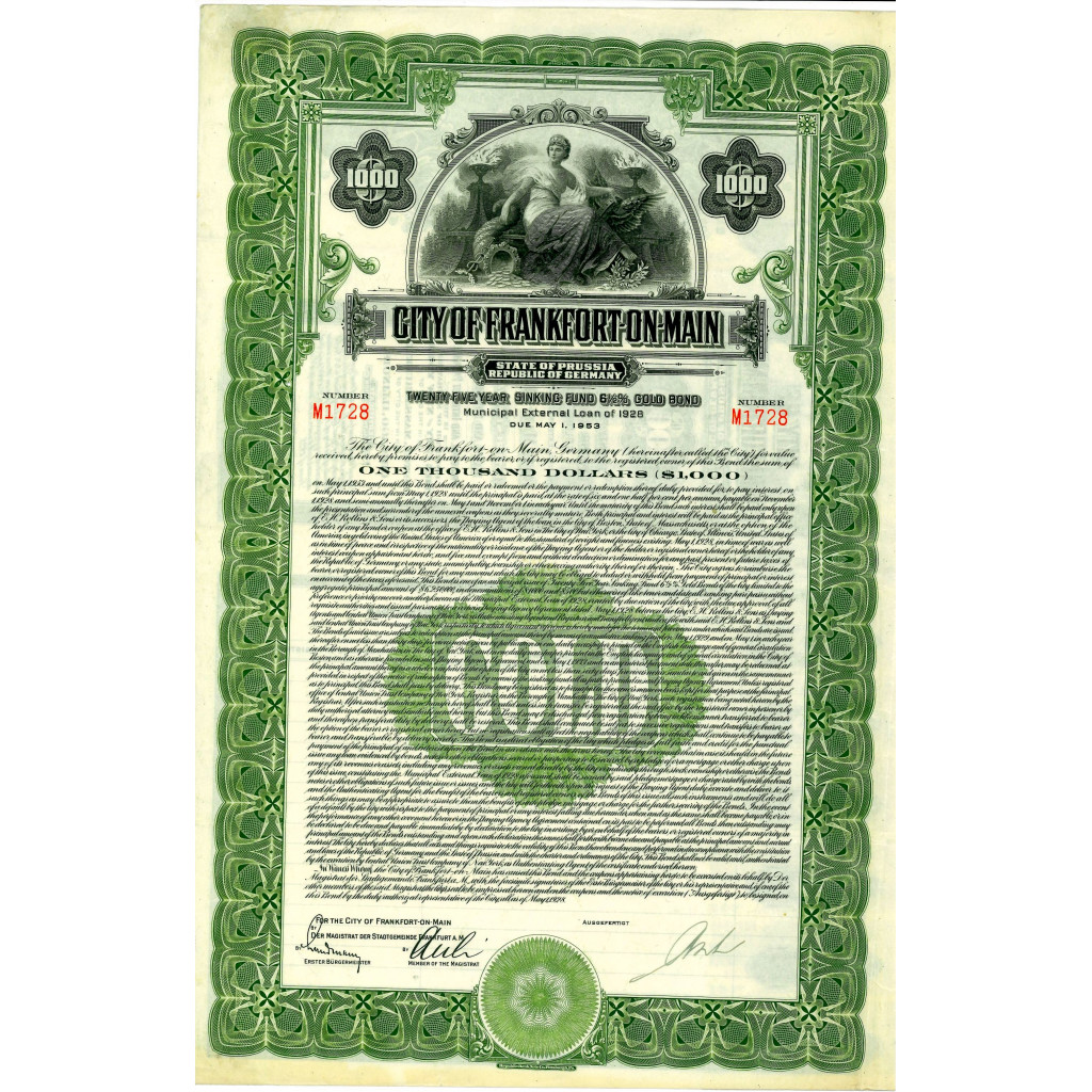 1928 - CITY OF FRANKFORT ON MAIN 1.000$ BOND 6,5%
