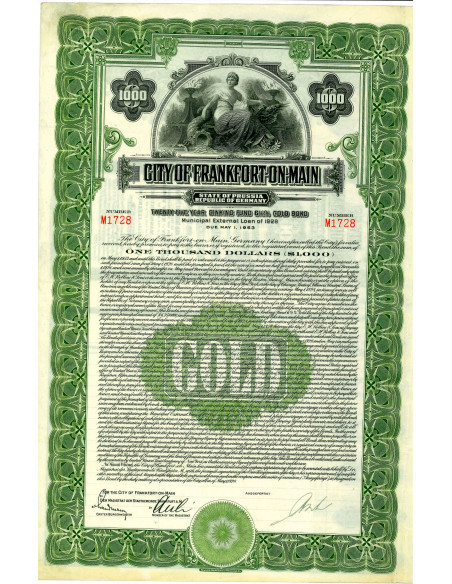 1928 - CITY OF FRANKFORT ON MAIN 1.000$ BOND 6,5%