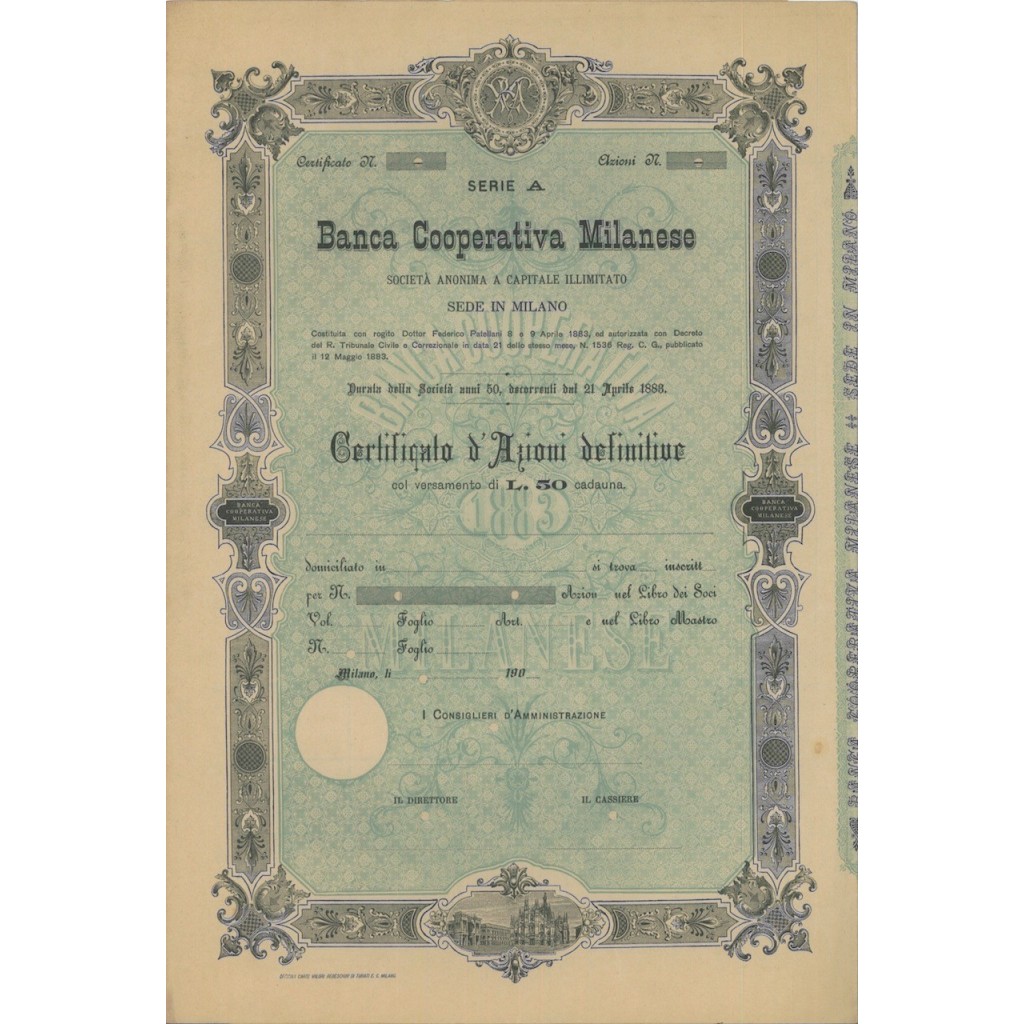 BANCA COOPERATIVA MILANESE - AZIONI MILANO 1883