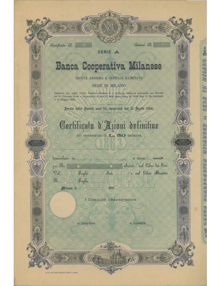 BANCA COOPERATIVA MILANESE - AZIONI MILANO 1883