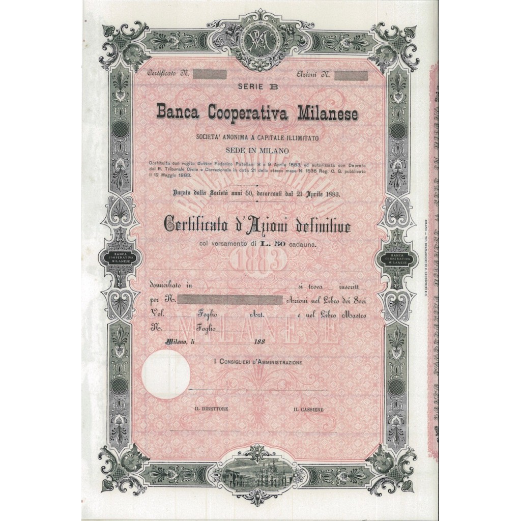 BANCA COOPERATIVA MILANESE - AZIONI MILANO 1883