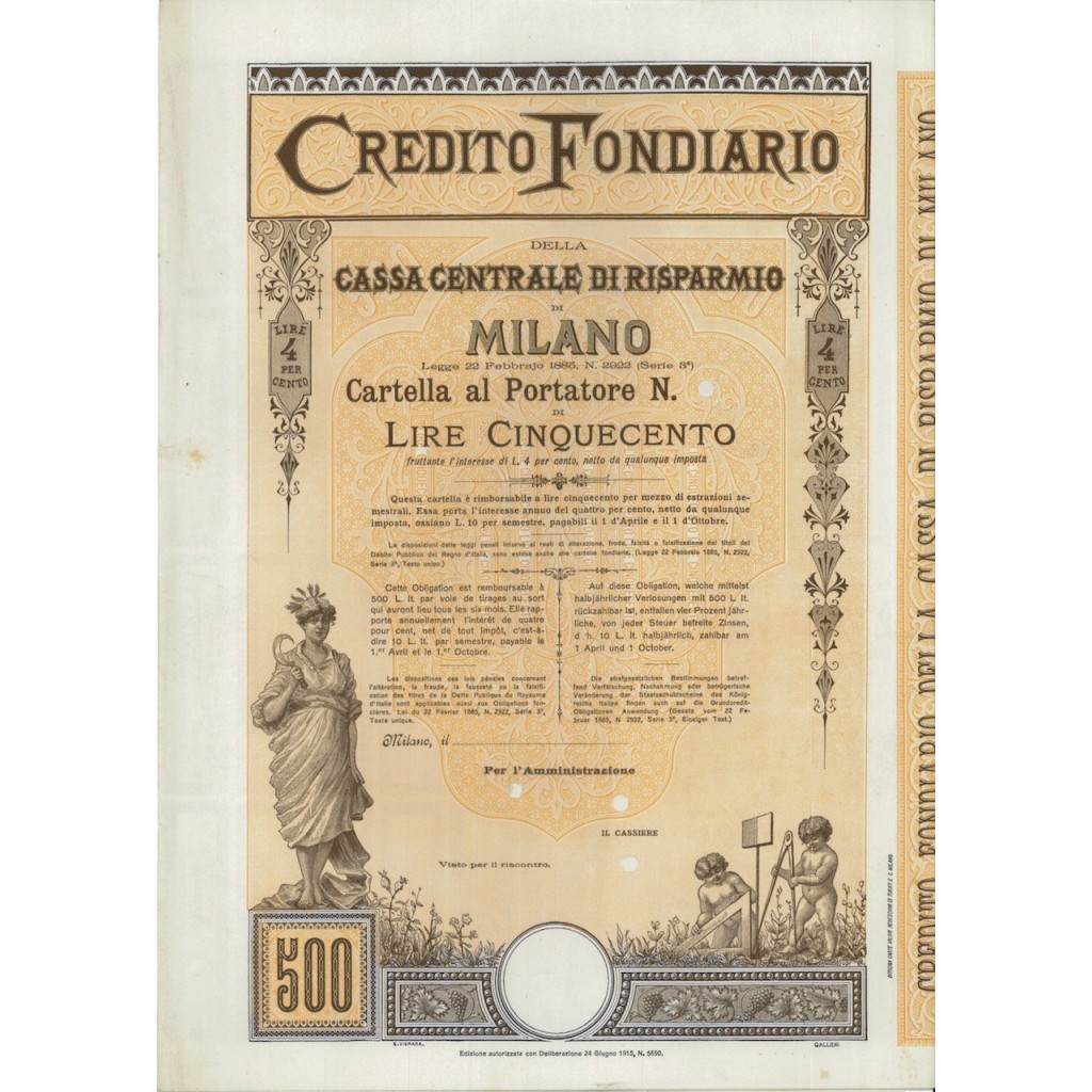 CREDITO FONDIARIO DELLA CASSA CENTR. DI RISP. - CARTELLA - MILANO 1885