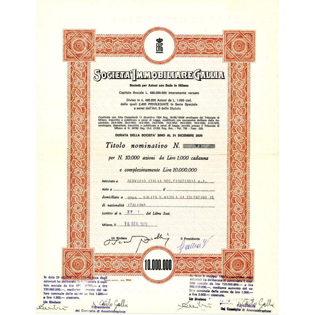 1979 - IMMOBILIARE GALLIA - AZIONI NOMINATIVE -...