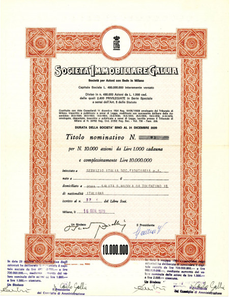 1979 - IMMOBILIARE GALLIA - AZIONI NOMINATIVE - MILANO