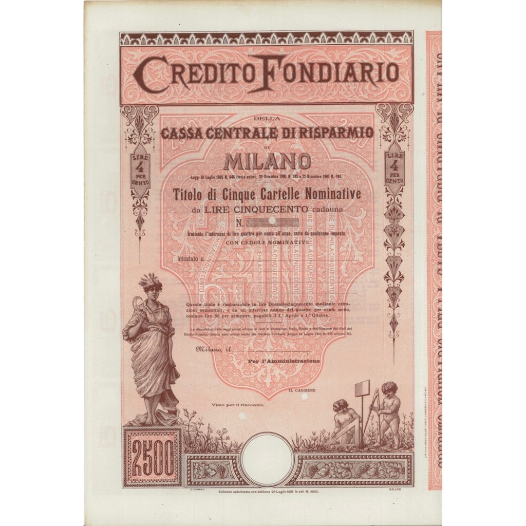 CREDITO FONDIARIO DELLA CASSA CENTR. DI RISP. - 5 CARTELLE - MILANO 1905
