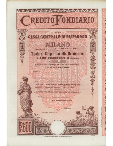 CREDITO FONDIARIO DELLA CASSA CENTR. DI RISP. - 5 CARTELLE - MILANO 1905