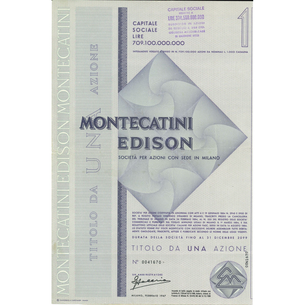 1967 - MONTECATINI EDISON - 1 AZIONE - MILANO