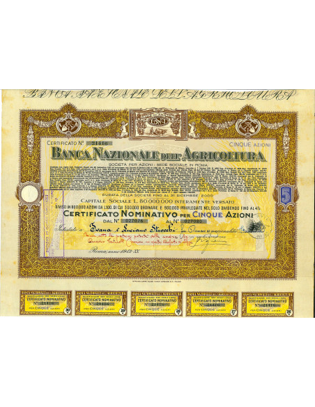 1942 - BANCA NAZIONALE DELL'AGRICOLTURA - 5 AZIONI - ROMA