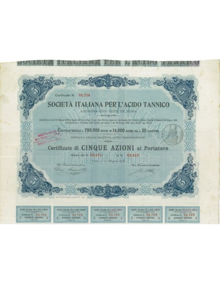 SOC. ITALIANA PER L'ACIDO TANNICO 5 AZIONI ROMA 1906