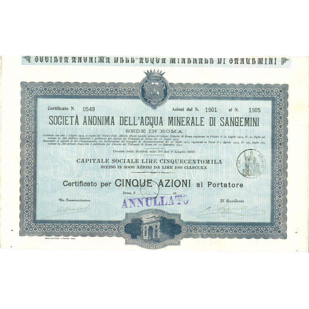 1913 - ACQUA MINERALE DI SANGEMINI - 5 AZIONI ROMA