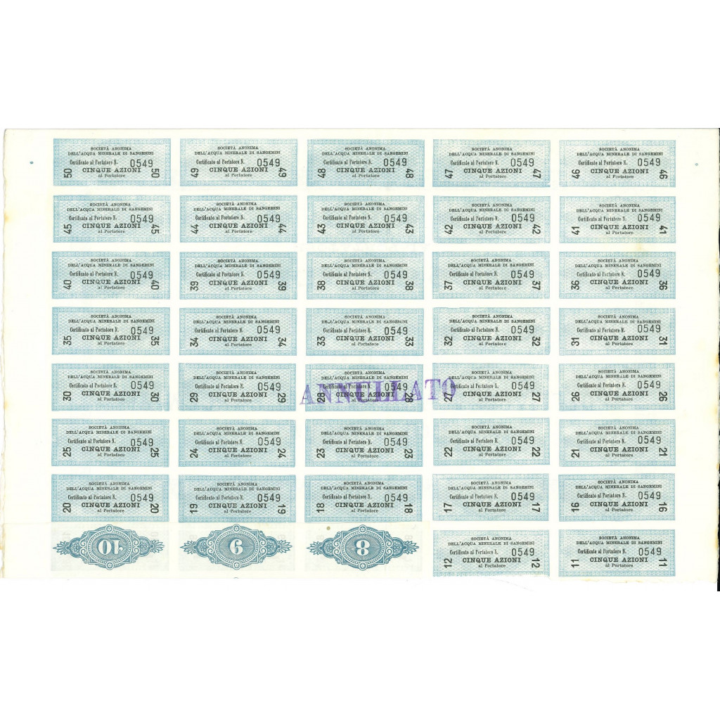 1913 - ACQUA MINERALE DI SANGEMINI - 5 AZIONI ROMA