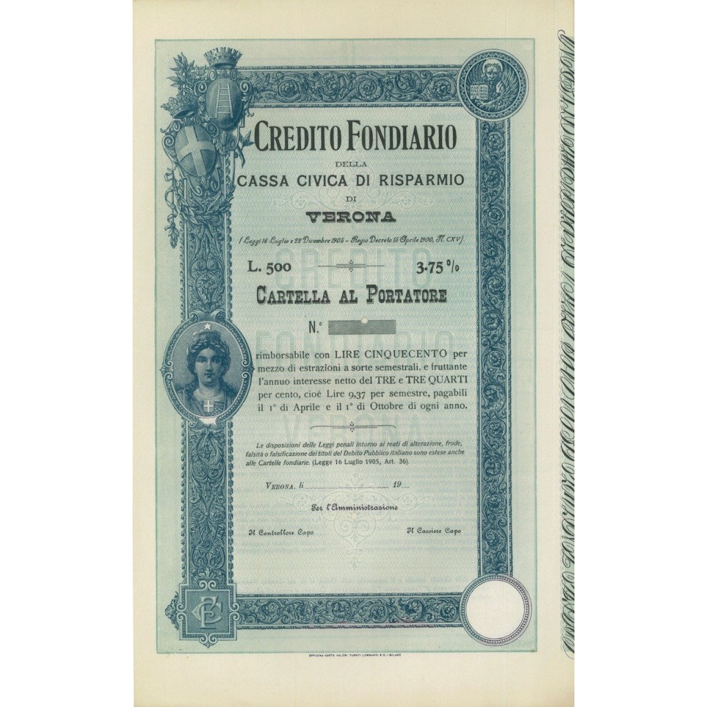 CREDITO FOND. DELLA CASSA CIVICA DI RISP. - CARTELLA 3,75% VERONA 1905