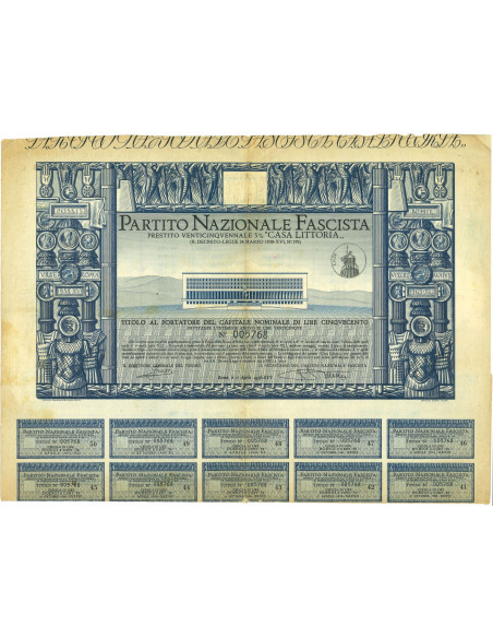 1938 - PARTITO NAZIONALE FASCISTA - TITOLO DA 500 LIRE ROMA