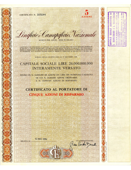 1984 - LINIFICIO E CANAPIFICIO NAZIONALE - 5 AZIONI RISPARMIO - MILANO
