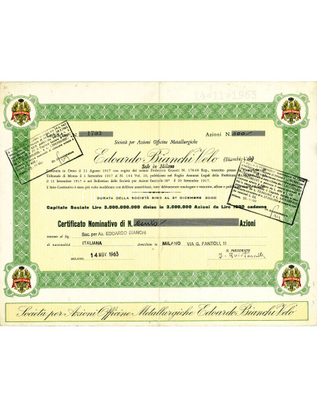 1963 - EDOARDO BIANCHI VELO -100 AZIONI MILANO