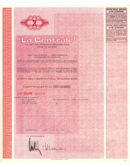 1982 - LA CENTRALE - FINANZIARIA GENERALE S.P.A. 2 AZIONI MILANO