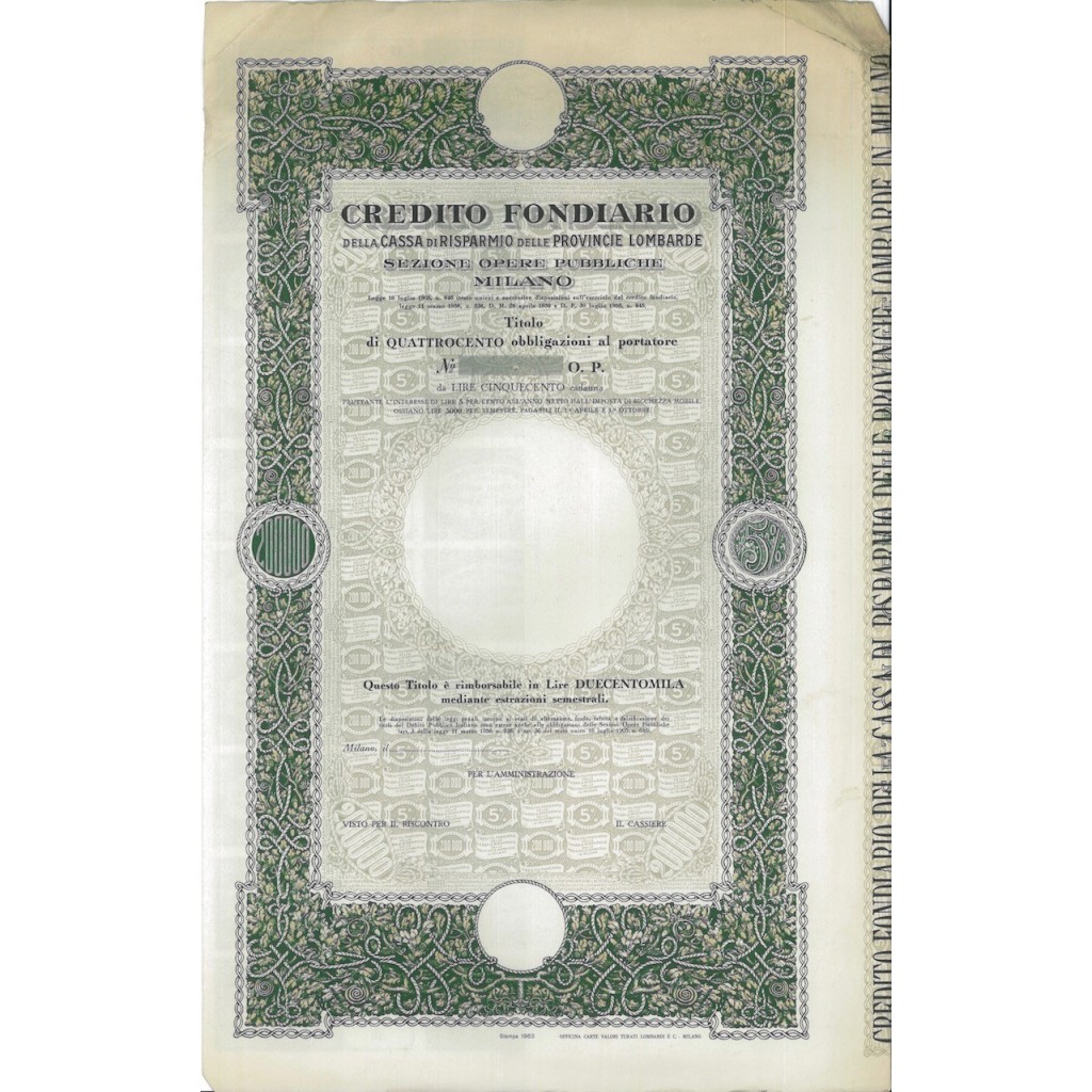 CREDITO FOND. CASSA DI RISP. PROVINCIE LOMBARDE - 400 OBB. MILANO 1905
