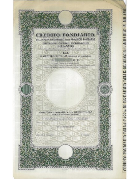 CREDITO FOND. CASSA DI RISP. PROVINCIE LOMBARDE - 400 OBB. MILANO 1905