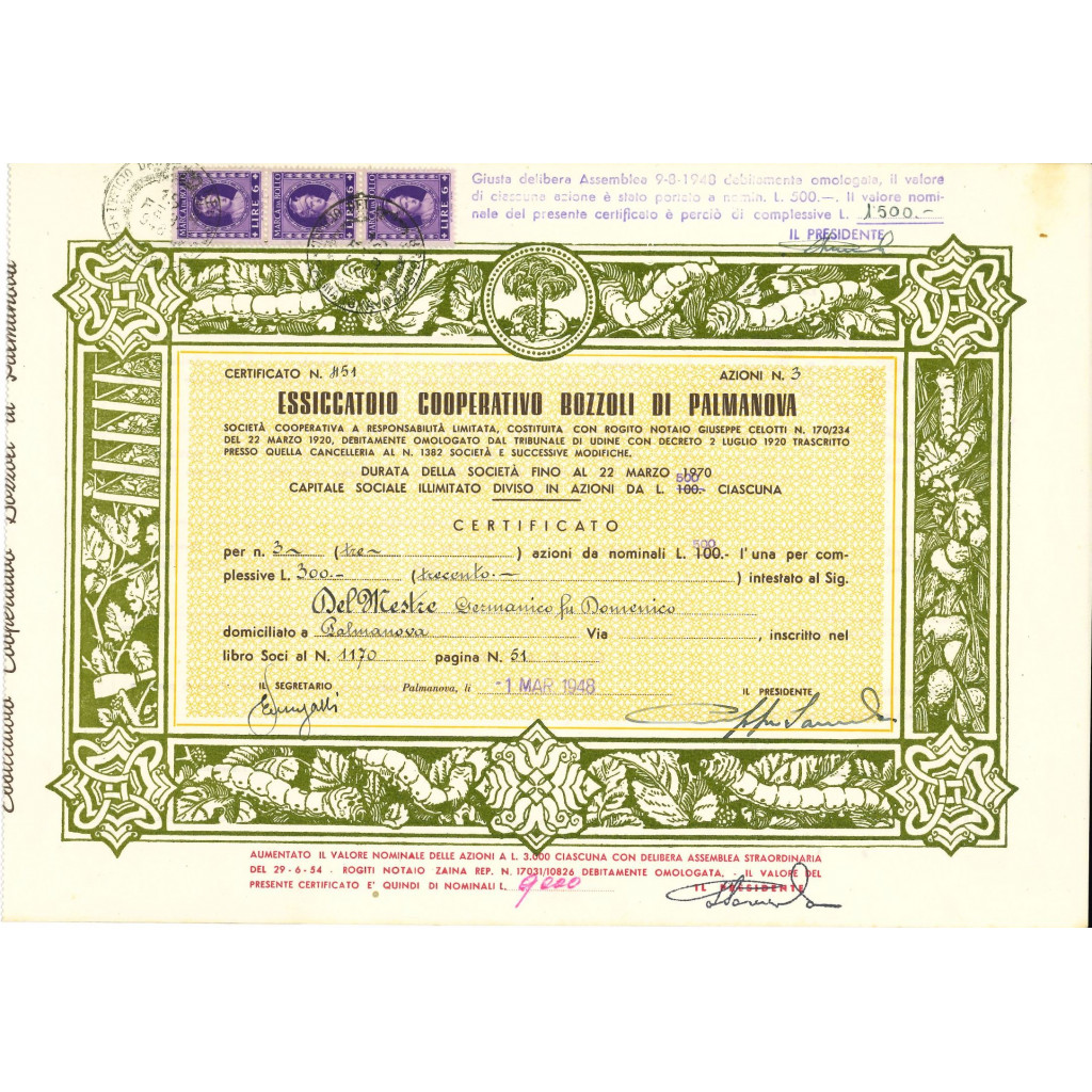 1948 - ESSICCATOIO COOP. BOZZOLI 3 AZIONI...