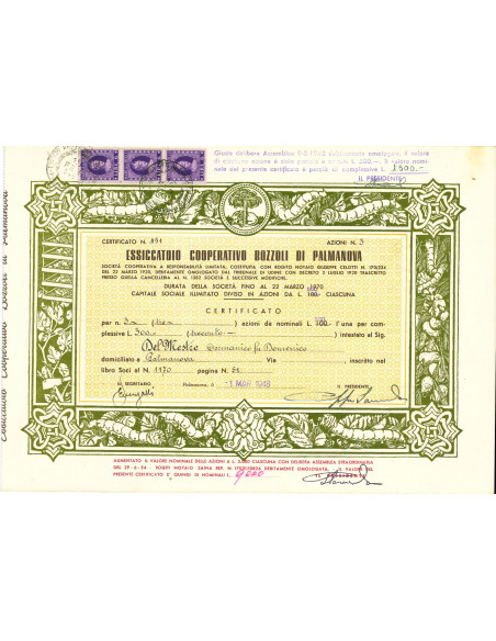 1948 - ESSICCATOIO COOP. BOZZOLI 3 AZIONI PALMANOVA