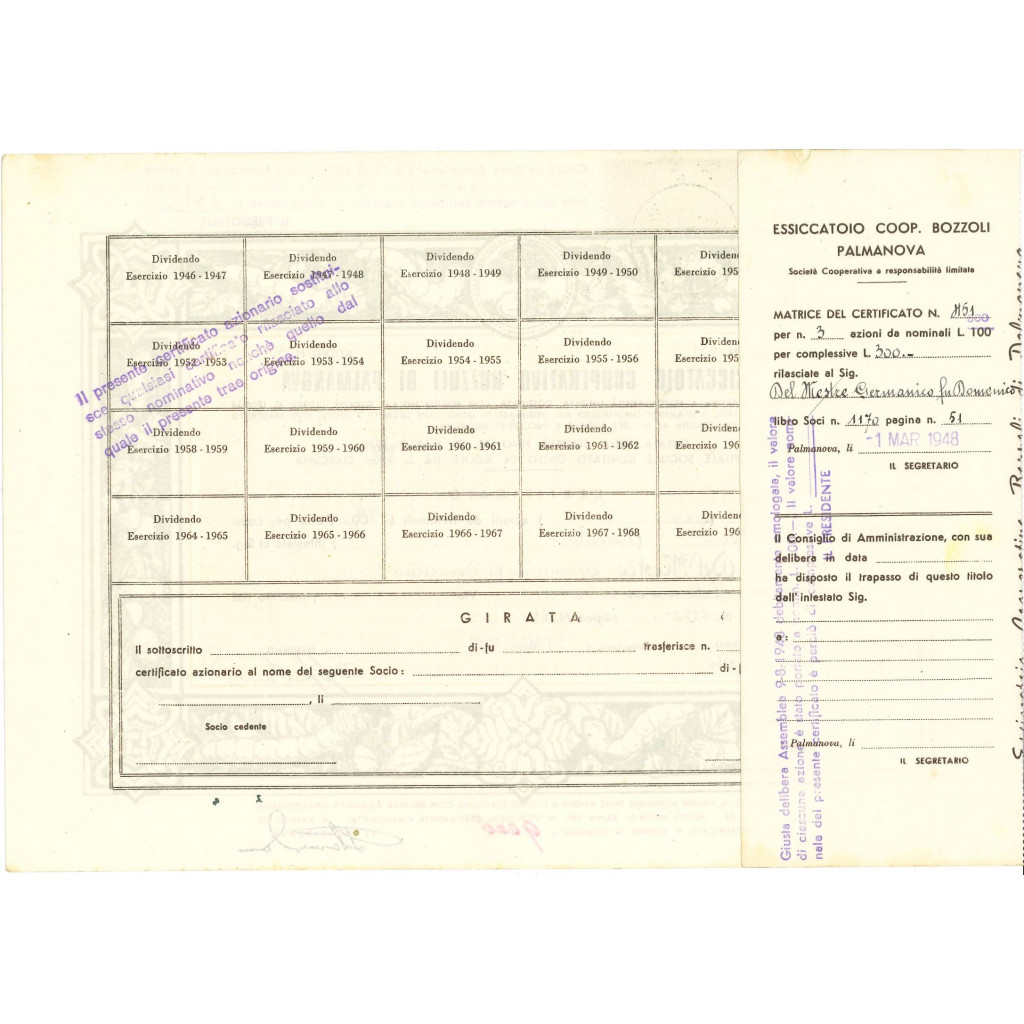 1948 - ESSICCATOIO COOP. BOZZOLI 3 AZIONI...