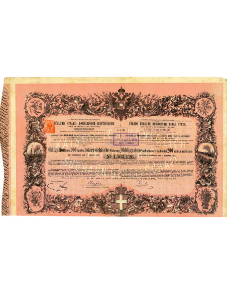 1879 - STRADE FERRATE MERIDIONALI DELLO STATO  DEL REGNO LOMBARDO VENETO E DELL'ITALIA CENTRALE 200 FIORINI