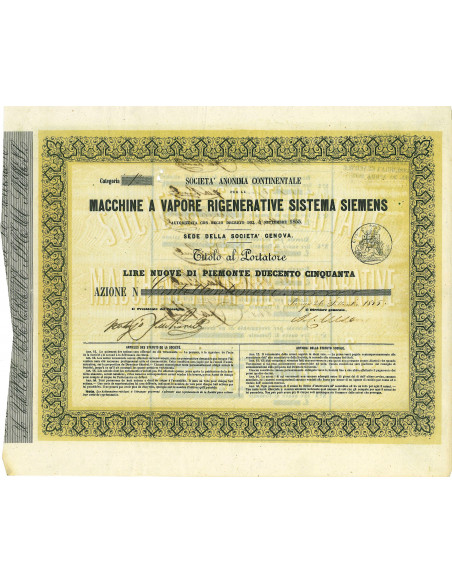 1855 - MACCHINE A VAPORE RIGENERATIVE SISTEMA SIEMENS S.S. CONTINENTALE AZIONI LI 250 LIRE NUOVE DI PIEMONTE - GENOVA