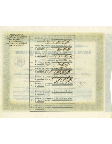 1855 - MACCHINE A VAPORE RIGENERATIVE SISTEMA SIEMENS S.S. CONTINENTALE AZIONI LI 250 LIRE NUOVE DI PIEMONTE - GENOVA