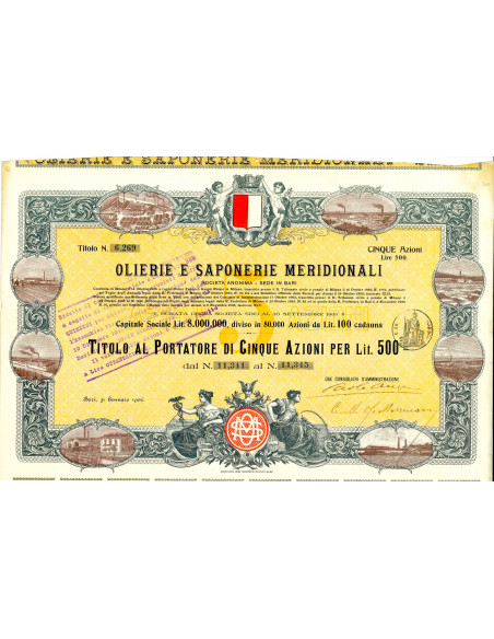 1906 - OLIERIE E SAPONERIE MERIDIONALI - 5 AZIONI - BARI