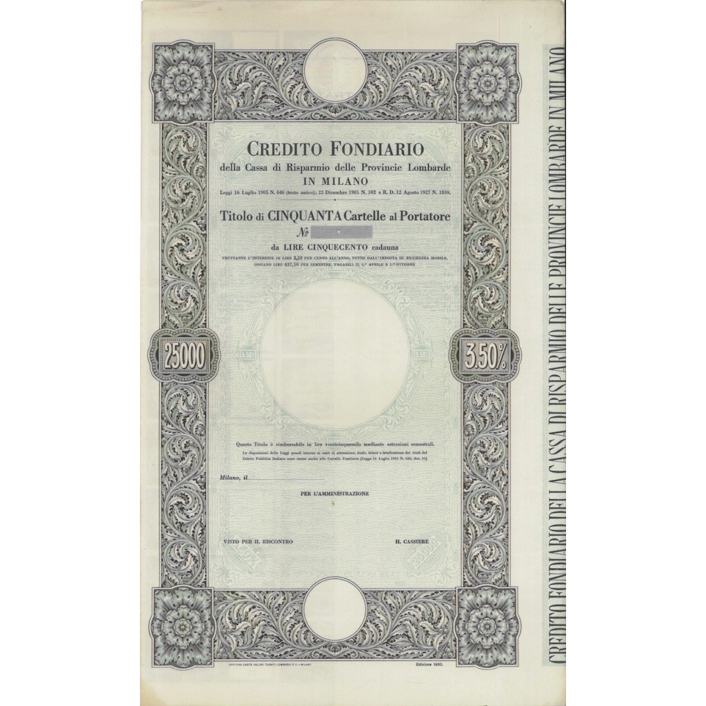 CREDITO FOND. CASSA DI RISP. PROVINCIE LOMBARDE - 50 CARTELLE MILANO 1905