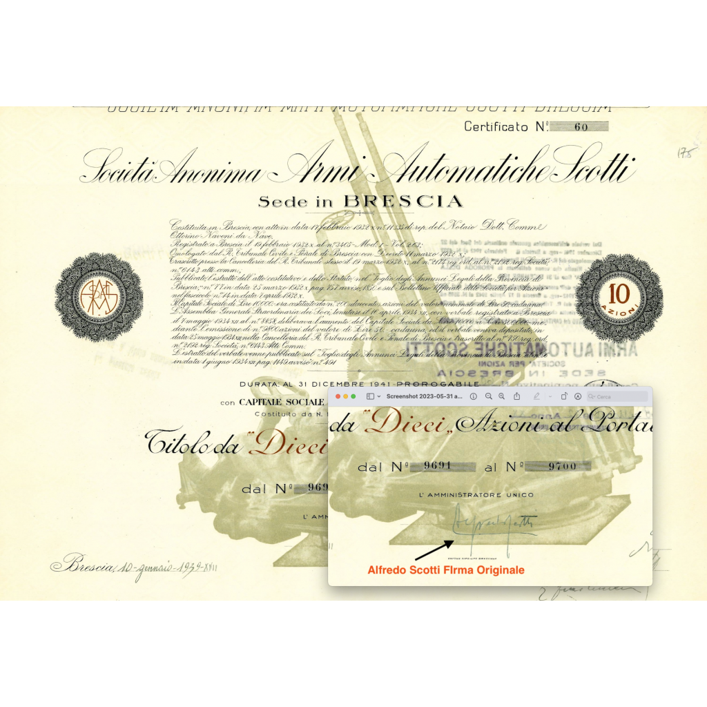 1939 - ARMI AUTOMATICHE SCOTTI 10 AZIONI - BRESCIA