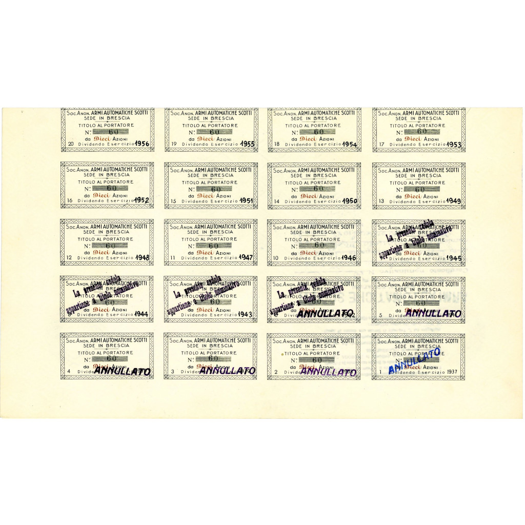 1939 - ARMI AUTOMATICHE SCOTTI 10 AZIONI - BRESCIA