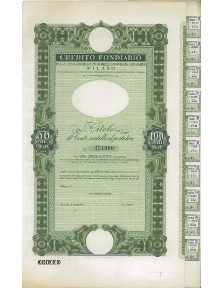 CREDITO FOND. CASSA DI RISP. PROVINCIE LOMBARDE 100 CARTELLE MILANO 1905