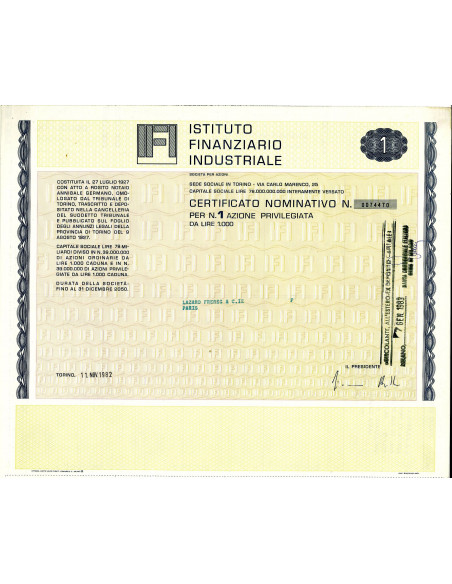1982 - IFI ISTITUTO FINANZIARIO INDUSTRIALE 1 AZIONE PRIVILEGIATA Lire 1.000 - TORINO (Firma G. Agnelli)