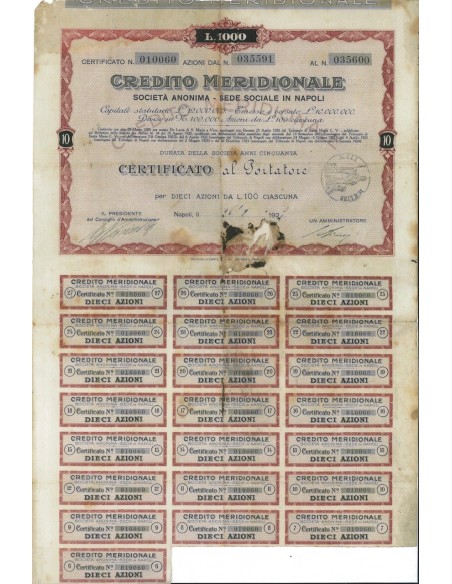 CREDITO MERIDIONALE - 10 AZIONI - NAPOLI 1920