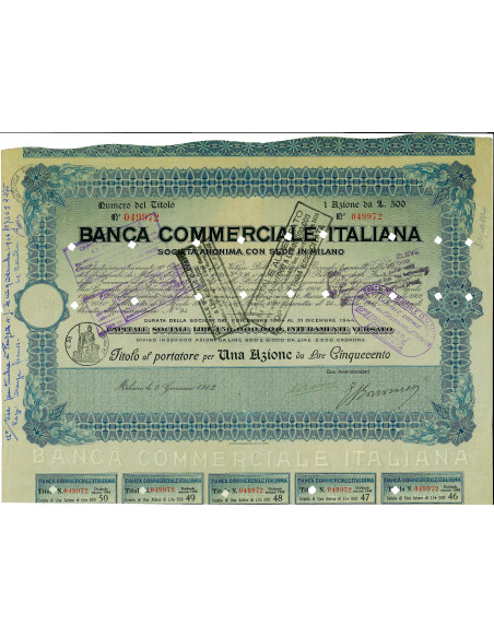 1912 - BANCA COMMERCIALE ITALIANA 1 AZIONE LIRE 500 - MILANO
