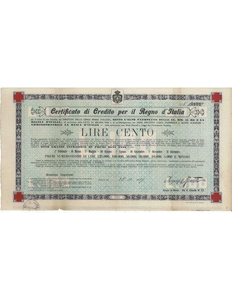 CERTIFICATO DI CREDITO PER IL REGNO D'ITALIA LIRE 100 - ROMA 1907